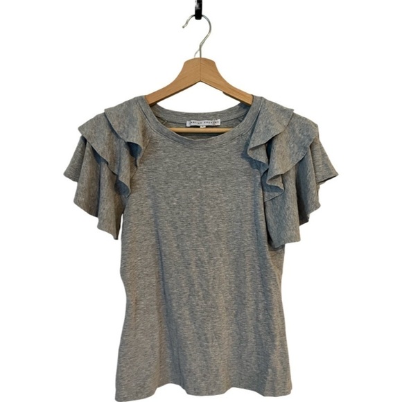 English Factory | Ruffled Shoulder Mixed Media Gray Tee Size Small - Picture 2 of 6